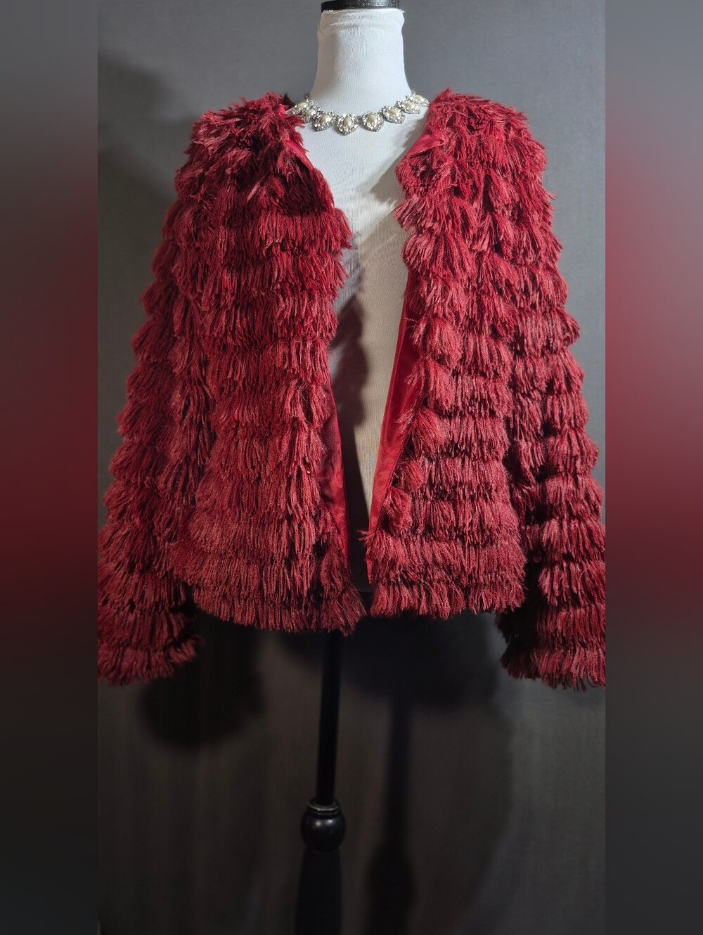 Wine Red Fringe Teddy Jacket - Women's Open-Front Coat